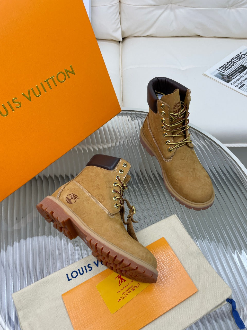 LV x Timberland 6-In Ankle Boot 50mm Brown Yellow Monogram Nubuck Leather