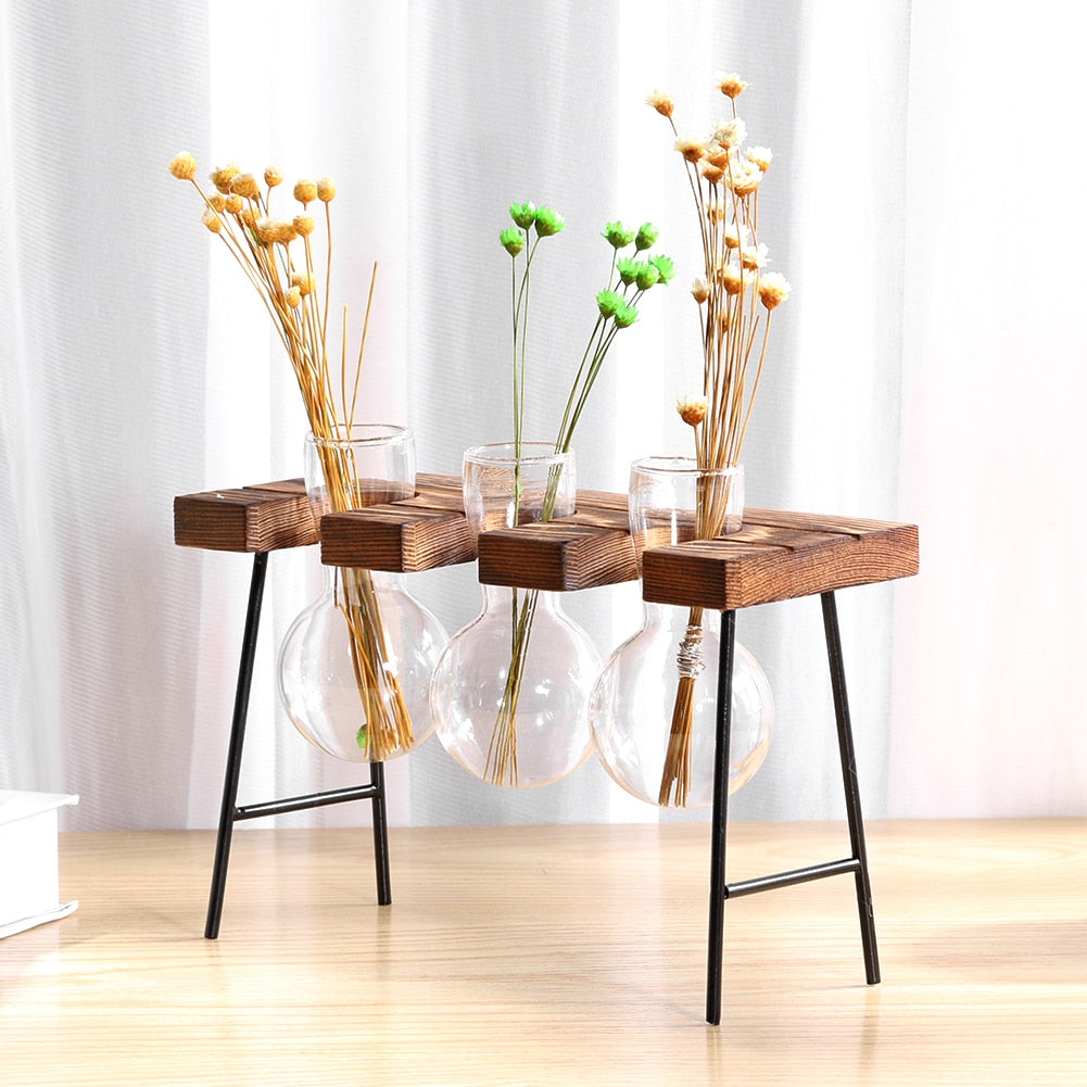 Glass and Wood Vase Planter with Wooden Base #MEJ8559
