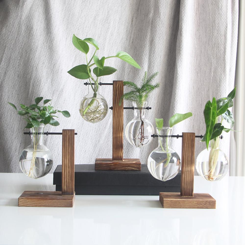 Glass and Wood Vase Planter with Wooden Base #MEJ8559