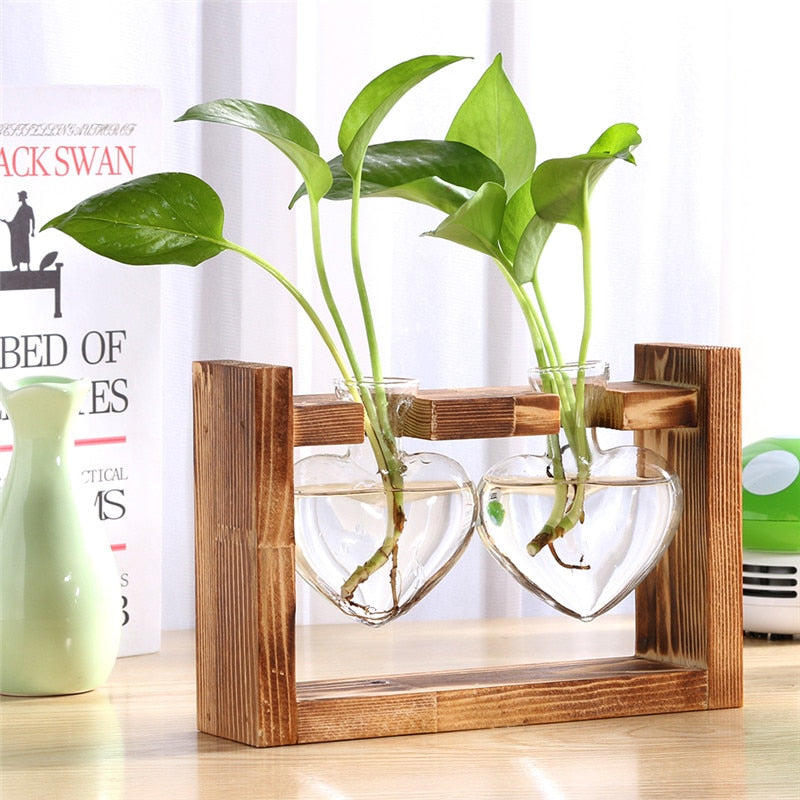 Glass and Wood Vase Planter with Wooden Base #MEJ8559