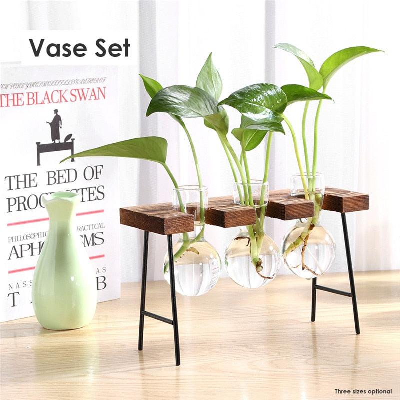 Glass and Wood Vase Planter with Wooden Base #MEJ8559