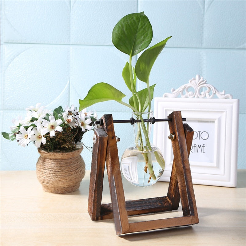 Glass and Wood Vase Planter with Wooden Base #MEJ8559