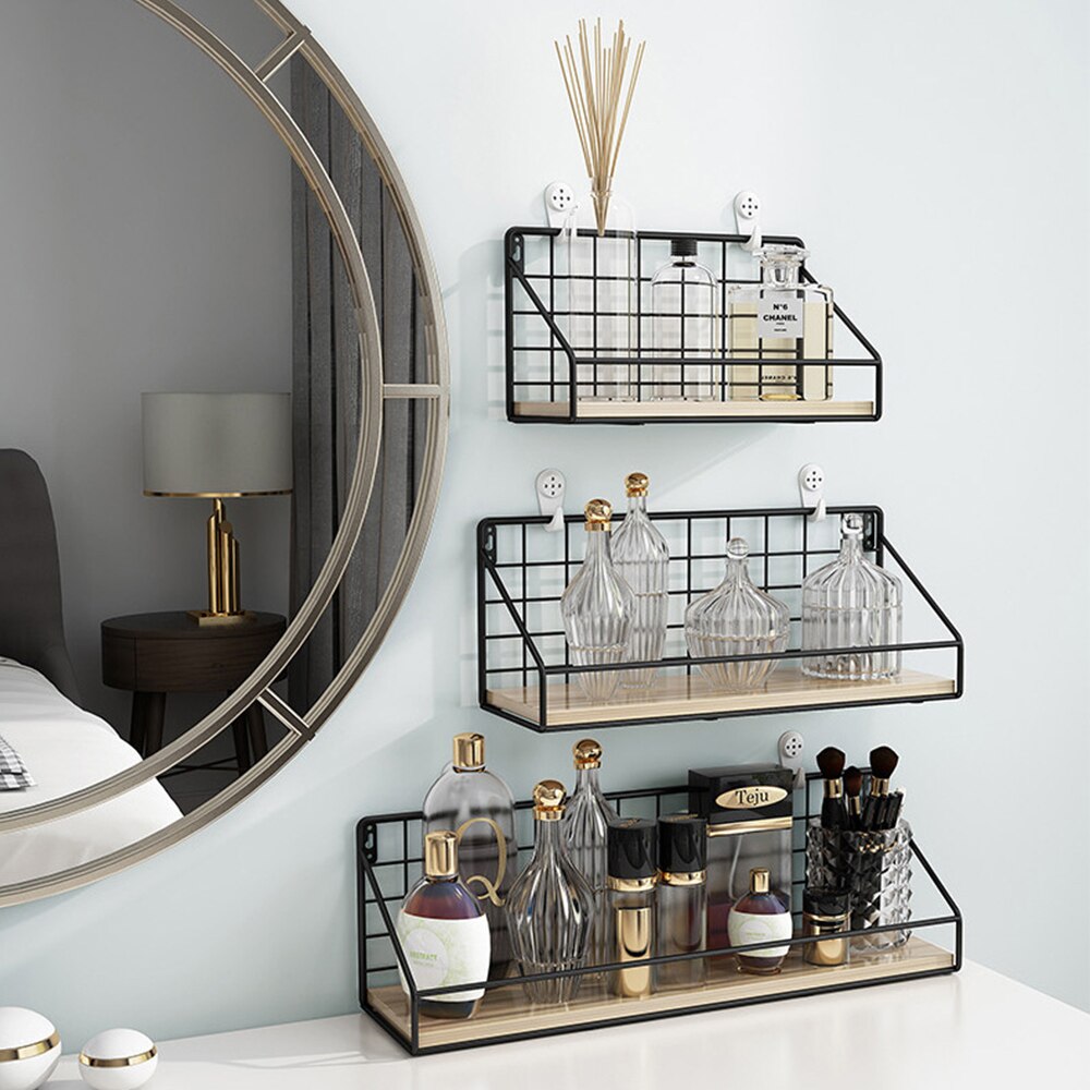 Wall-hanging shelves next to the mirror
