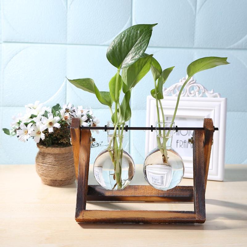 Glass and Wood Vase Planter with Wooden Base #MEJ8559